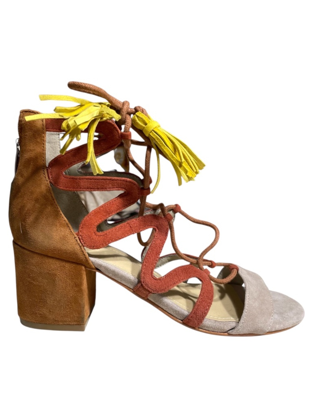 Marc Fisher Suede Sandals 7.5 Rayz Gladiator Lace-up Tassel Boho Block Heel